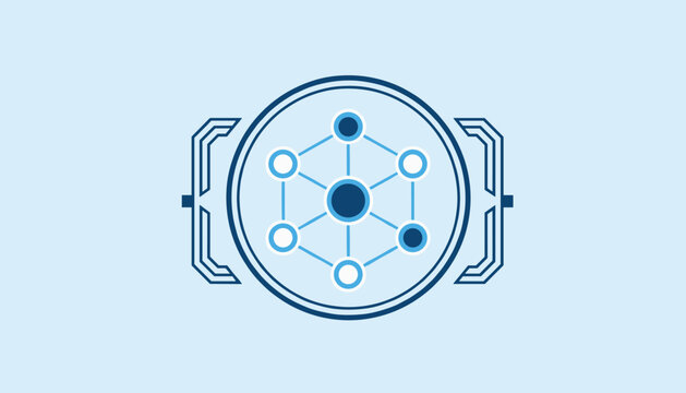 Central network connection icon representing digital database cloud storage with nodes inside circular interface.