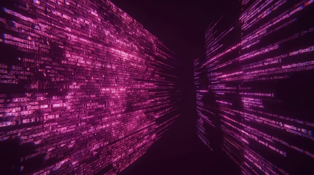 Futuristic pink digital data stream with glowing code and matrix effect on black background