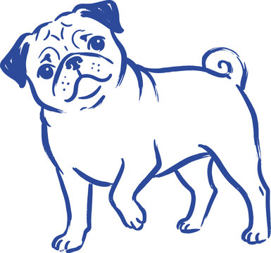Pug Dog Standing Side View Line Art Illustration