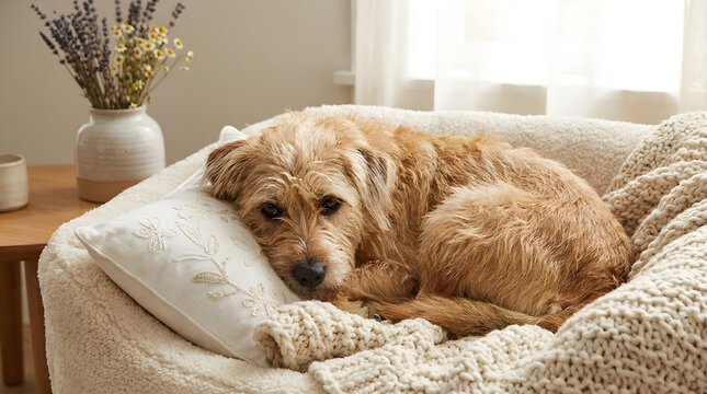 Cute puppy resting on a cozy bed with blanket