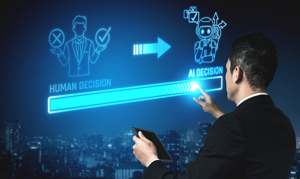 Human Decision Making Versus AI Decision Making with Visual Representations, Illustrating Contrast in Technology and Human Intuition for Stock Photo Use. Liminal.