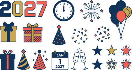 Obraz premium New year 2027 celebration icons and party elements set