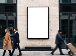 Fototapeta premium Vertical outdoor poster mockup mounted on a stone building facade with blurred pedestrians walking along a city street for brand design showcase.