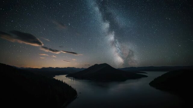 Timelapse of Milky Way over serene lake and mountains at night