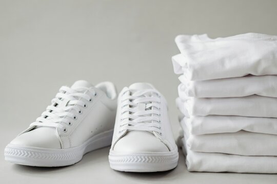 Stack of white tshirts and a pair of white sneakers