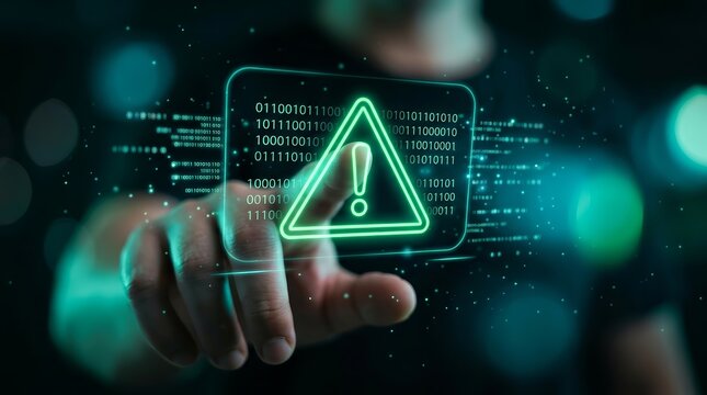 Cyber security breach vulnerability scan featuring a glowing green warning triangle and binary data.