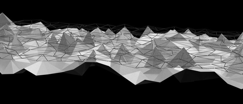 Abstract 3D wireframe landscape composed of gray polygons against black.