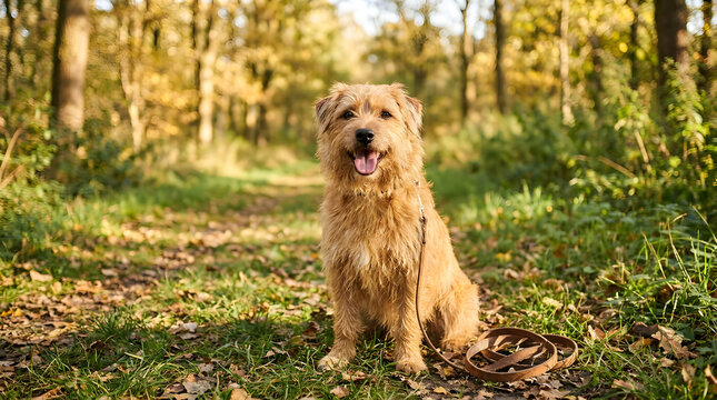 Smiling shaggy brown dog sitting in a forest