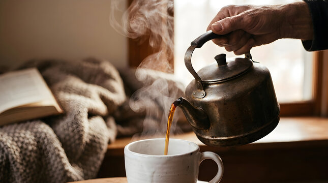 Person pouring hot drink from teapot into cup