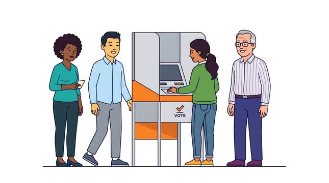 People using electronic voting machine machine interface at polling station booth for election process vector illustration