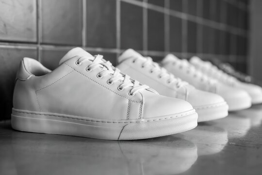 Row of clean white leather sneakers lined up on a tiled surface