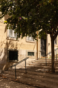 stairs next to a traditional building in Europe with late afternoon shadows and trees