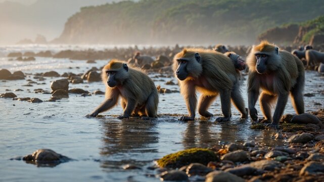 Troop of monkeys walking on rocky beach at sunset