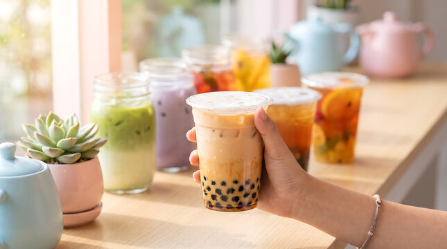 Hand holding a creamy bubble tea with black tapioca pearls in a bright cafe, with colorful fruit and milk tea drinks arranged on the counter behind it.
