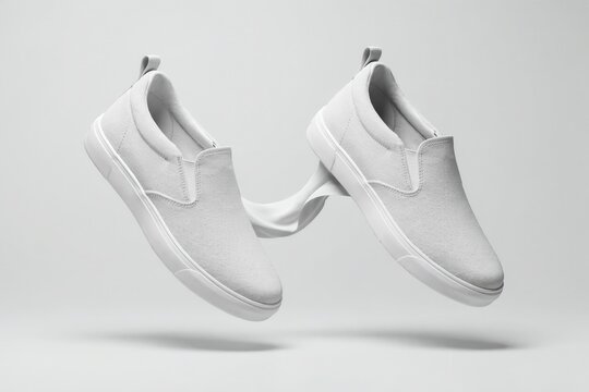 Pair of white slipon sneakers floating isolated on white background