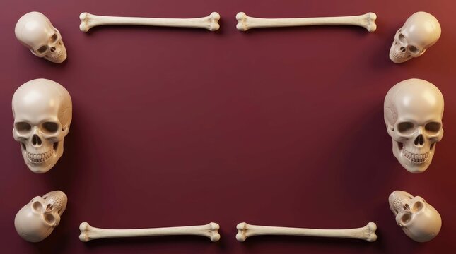 Human skulls and bones arrangement on red background