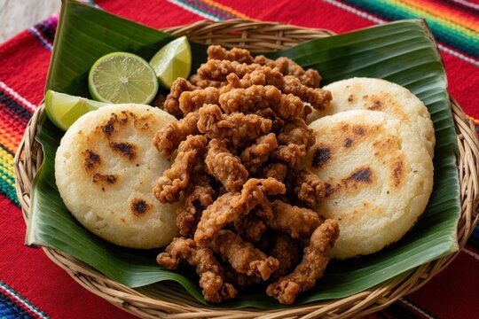 Colombian chinchurria served with arepas and lime wedges on banana leaf in woven basket. Fried pork intestines are popular street food, rich flavor.