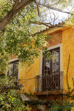vibrant yellow traditional building with balcony framed with trees in Portugal
