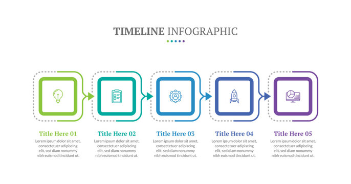 Timeline infographic presentation template with 5 steps or options. Five phase process infographics timeline with rounded rectangles, arrows, and icons. Vector.