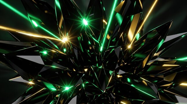 Abstract 3D emerald and black crystal formation with glowing green and gold light flares on dark background
