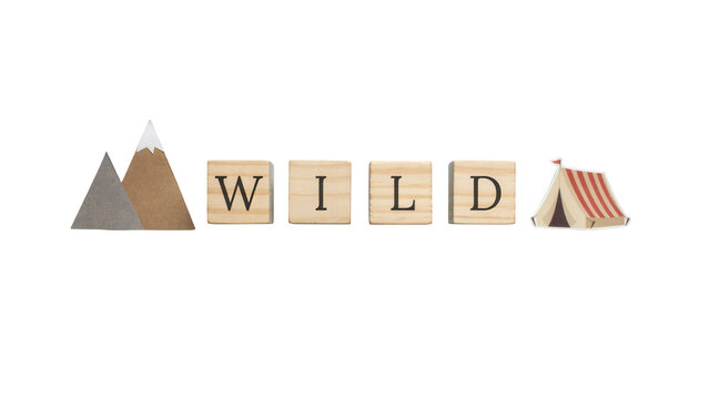 Wooden blocks spelling word Wild with mountain and tent icons. Toy letters, camping equipment, nature concept. Adventure, hiking, outdoors.