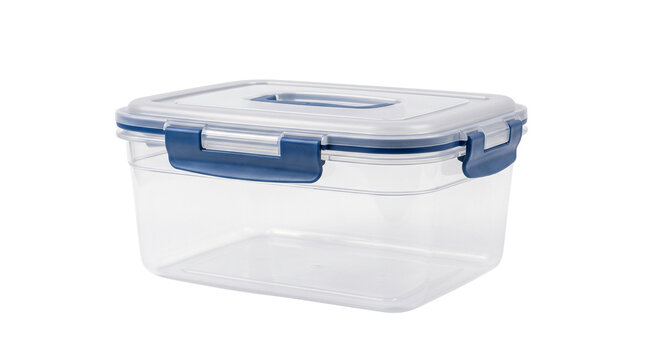 Clear plastic food storage container with blue locking lid, airtight kitchen meal prep box, transparent reusable lunch container isolated PNG with Transparent Background