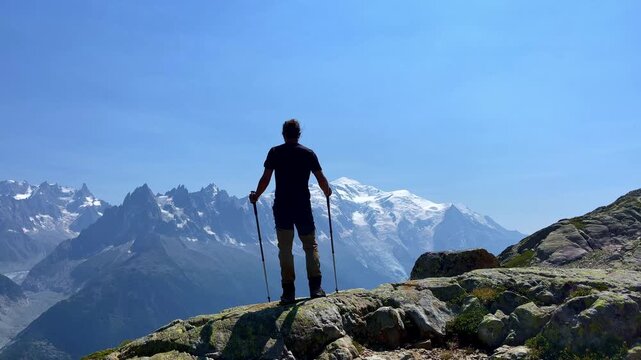 hiker silhouette standing on rocky summit with trekking poles overlooking snow capped mountain range
