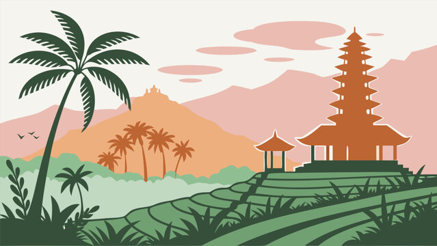 Ubud panoramic silhouette vector illustration with Balinese split gates and Saraswati Temple