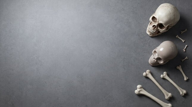 Minimalist Halloween composition with human skulls and bones on dark grey concrete background right side