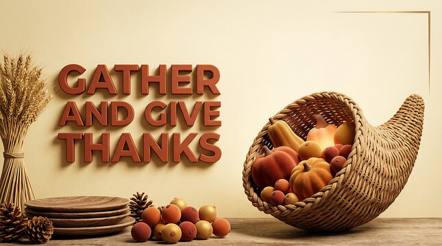 A bountiful cornucopia filled with autumn harvest fruits and vegetables, symbolizing thanksgiving and plenty.
