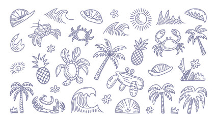 Obraz premium Set of hand drawn summer beach doodles with crabs palm trees waves pineapple and sun icons