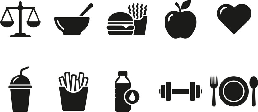 Healthy diet and fitness lifestyle icon set with scale burger apple heart weights plate vector graphic.