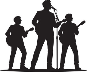 Naklejka premium Silhouette Band Performing Live with Acoustic Guitars and Microphone on Stage Vector Illustration