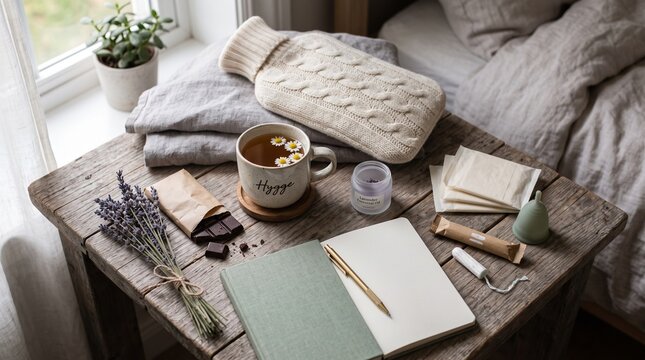 Cozy home wellness scene with hot water bottle, herbal tea, and journal on rustic table