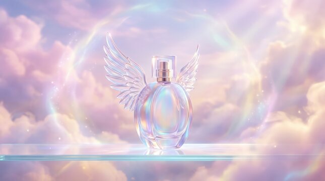 Luxury winged perfume bottle in ethereal cloud sky