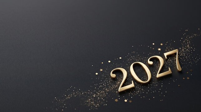 Gold 2027 numbers on black background with glitter for New Year celebration greeting card