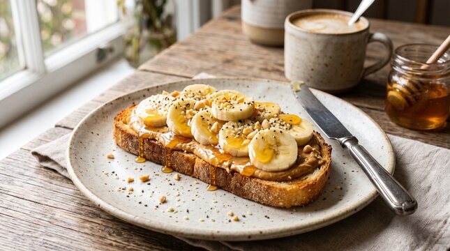 Peanut butter and banana toast with honey on a rustic wooden table for a healthy breakfast.