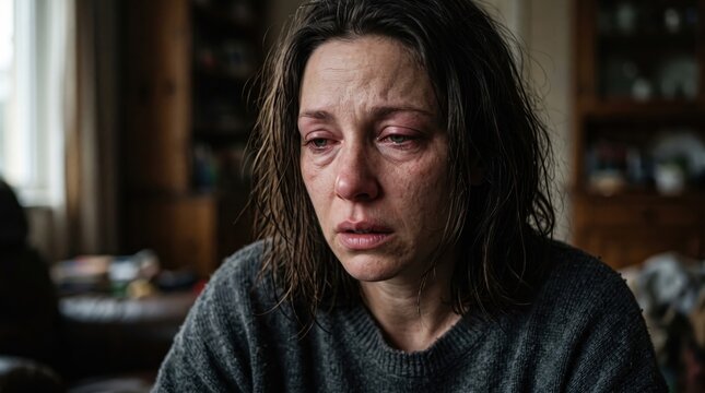 Sad woman crying indoors, experiencing emotional pain, depression, and mental health struggles.