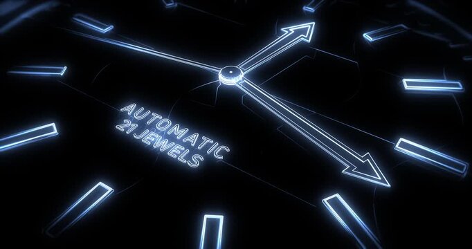 Macro view of luxury wireframe watch face showing minute hand and hour hand.