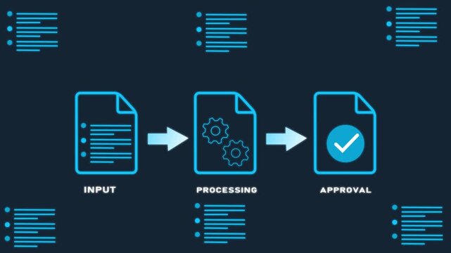 Automated Document Processing Workflow Concept with Data Input, System Processing, and Final Approval Icons