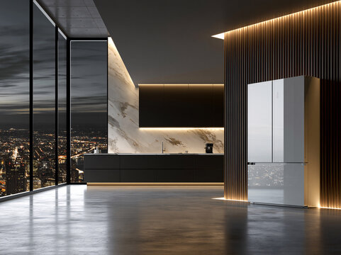 A breathtaking ultra-modern dark kitchen features sleek black handleless cabinetry, a veined marble waterfall island, floor-to-ceiling windows framing a glittering nighttime city skyline, warm LED str