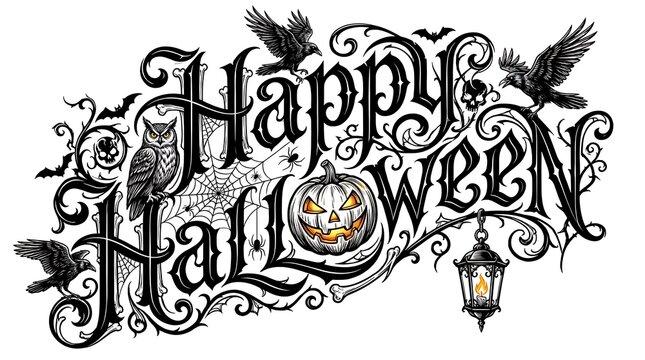 Happy halloween gothic typography with pumpkin owl and ravens