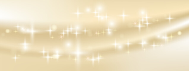 Naklejka premium Draped beige silk background with glitter sparkle and gold gradient. Smooth champagne gradation and fancy glint texture in bokeh glow. Elegant vector beige backdrop with glitter light for invitation