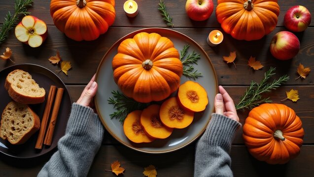 Delicious baked pumpkin dessert served in a roasted pumpkin with caramel glaze and spices. Cozy autumn recipe surrounded by apples, cinnamon and candlelight, perfect for festive gatherings
