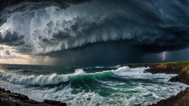Dramatic storm clouds rolling over a turbulent ocean coast
