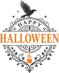 Fototapeta premium Vintage Happy Halloween badge with raven and cauldron