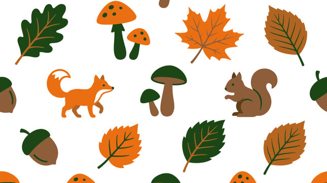 Autumn woodland vector pattern with fox squirrel mushrooms acorns and fallen foliage for seasonal textile and wallpaper design
