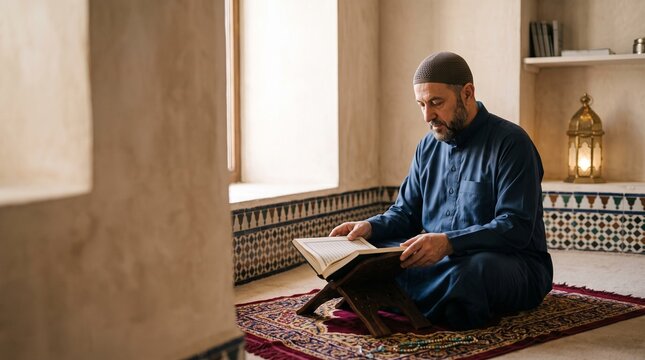 A Muslim is sitting reading the Quran