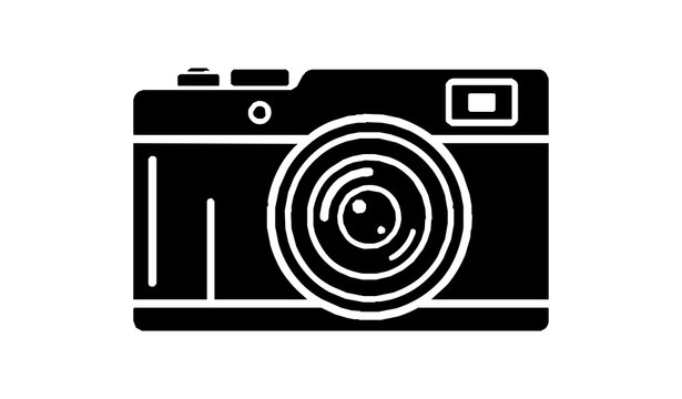 Black vintage rangefinder camera icon with lens flash and viewfinder details for photography and retro design vector