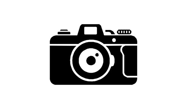 Black solid retro film camera icon with lens flash and grip in flat vector design for photography branding
